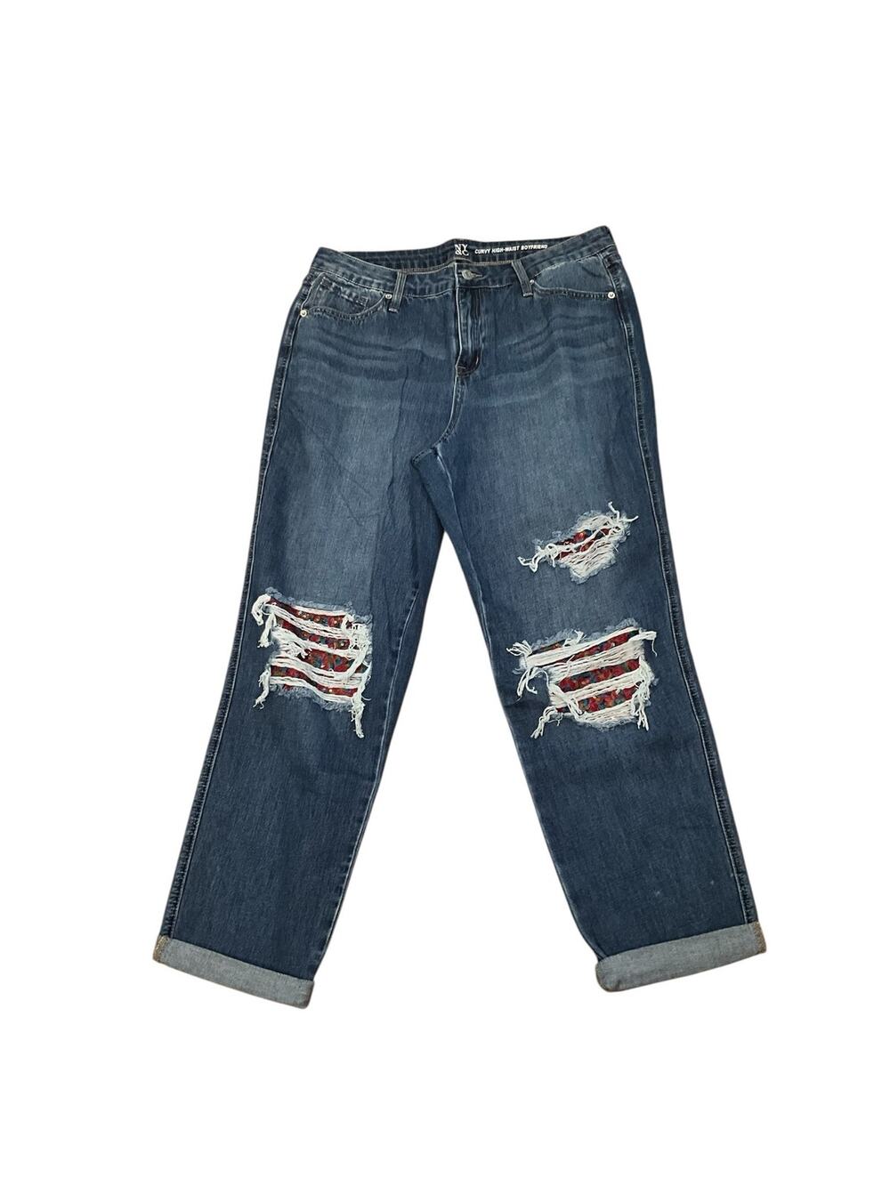 New York & Company Boyfriend Jeans Womens‎ 12 Blue Denim Distressed High-Waisted